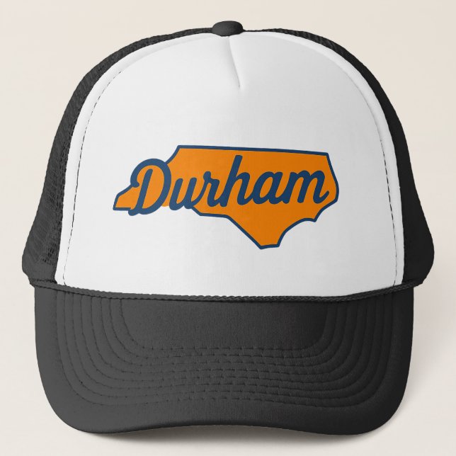 Durham North Carolina Script Design – State Shape  Trucker Hat (Front)