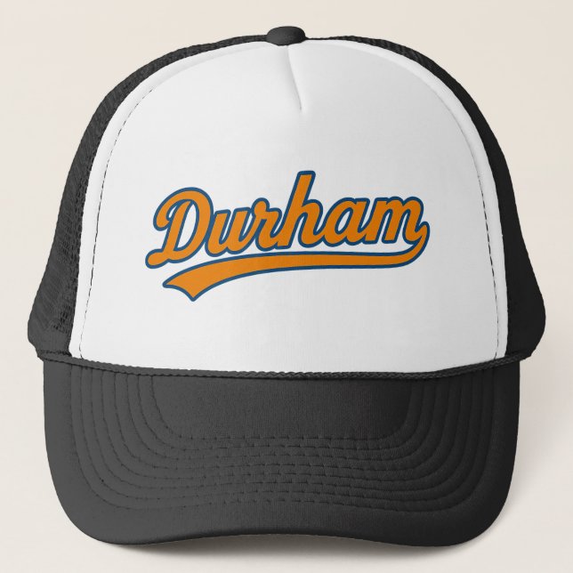 Durham Script Logo in Retro Orange and Blue – Bull Trucker Hat (Front)