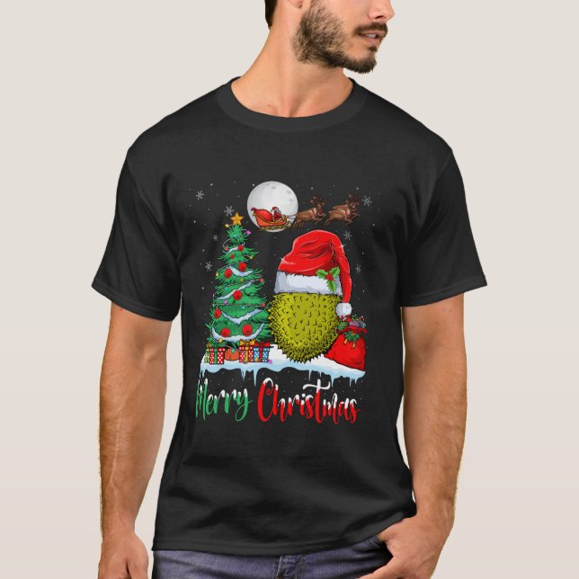 Durian Fruit Wearing Santa Hat Merry Christmas Dur T-Shirt (Front)