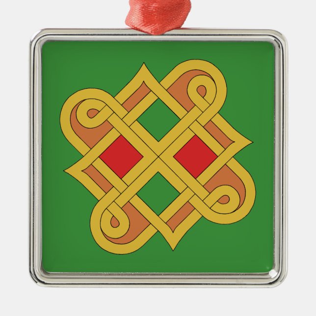 Durrow Knotwork 2016 Red and Green Metal Tree Decoration (Front)