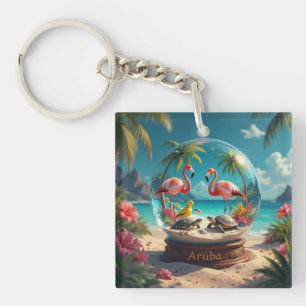 Dushi aruba beach globe with flamingos key ring