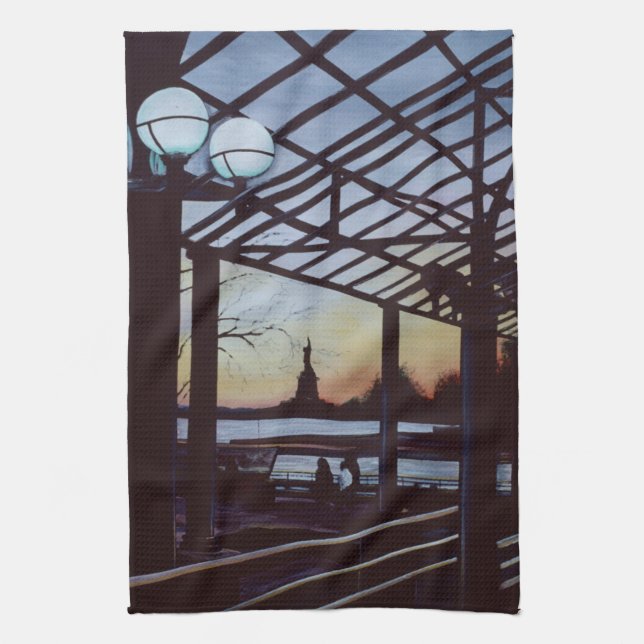 Dusk at Freedom’s Birthplace, Ellis Island Tea Towel (Vertical)