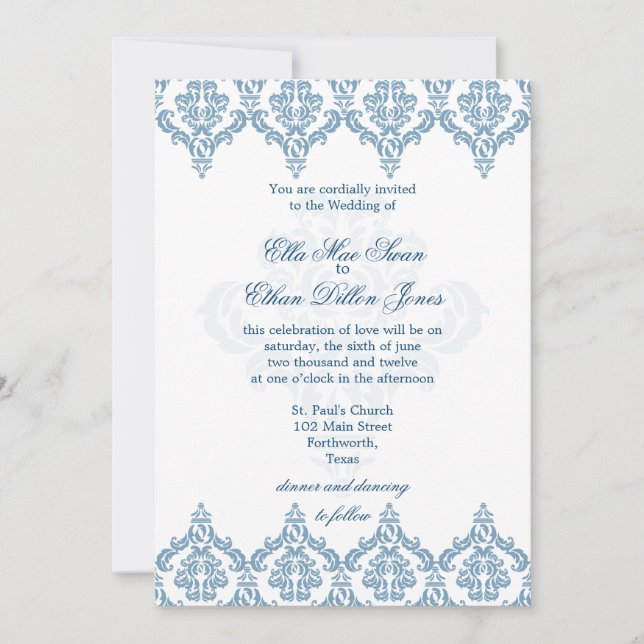 Dusk Blue and White Damask Wedding invitations (Front)