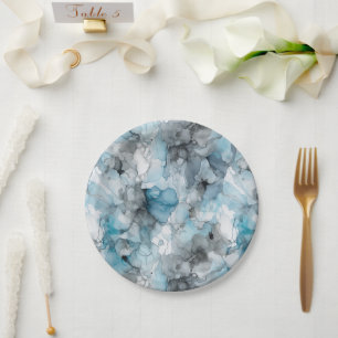 Dusk Blue Grey Alcohol Liquid Ink Swirls Paper Plate