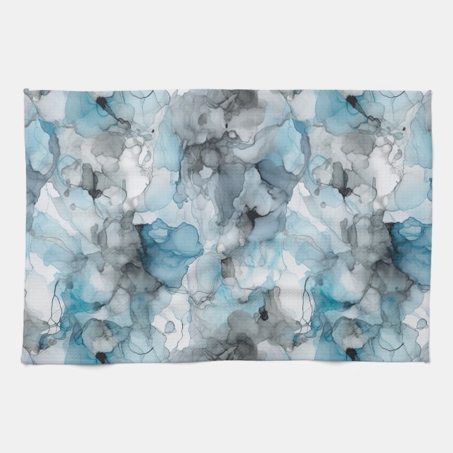 Dusk Blue Grey Alcohol Liquid Ink Swirls Tea Towel (Horizontal)