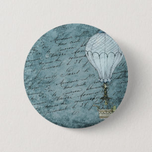 Dusk Blue Hot Air Balloon Steampunk Handwriting 6 Cm Round Badge