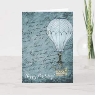 Dusk Blue Hot Air Balloon Steampunk Handwriting Card