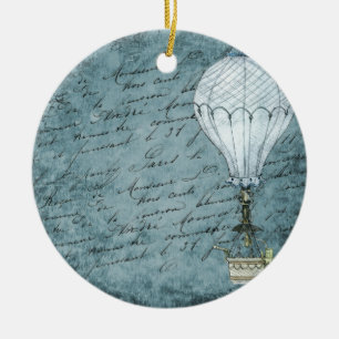 Dusk Blue Hot Air Balloon Steampunk Handwriting Ceramic Tree Decoration
