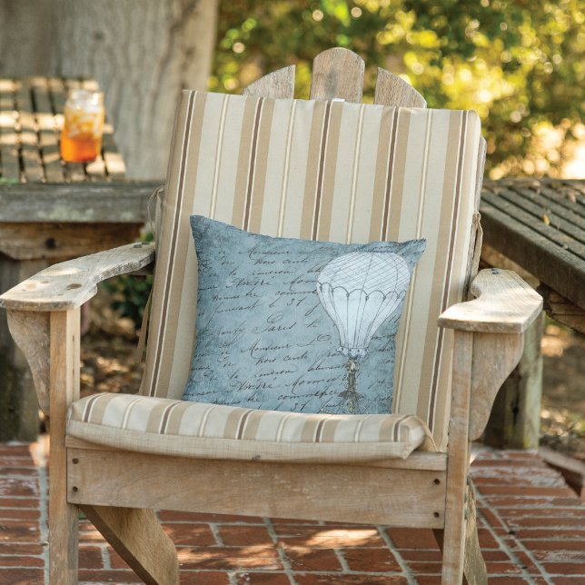 Dusk Blue Hot Air Balloon Steampunk Handwriting Cushion (Creator Uploaded)