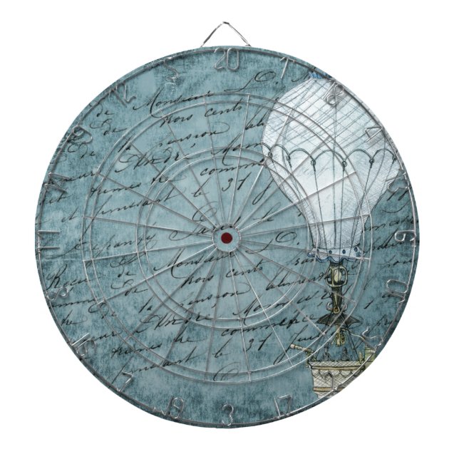 Dusk Blue Hot Air Balloon Steampunk Handwriting Dartboard (Front)