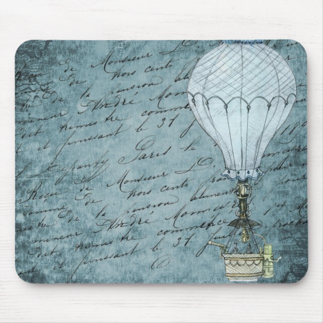Dusk Blue Hot Air Balloon Steampunk Handwriting Mouse Mat (Front)