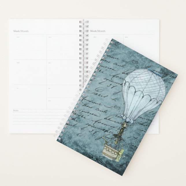 Dusk Blue Hot Air Balloon Steampunk Handwriting Planner (Display)