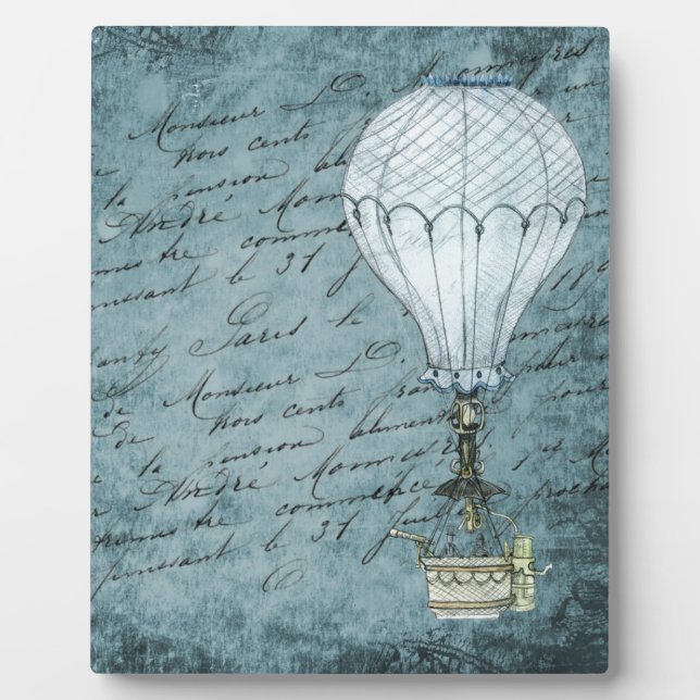 Dusk Blue Hot Air Balloon Steampunk Handwriting Plaque (Front)