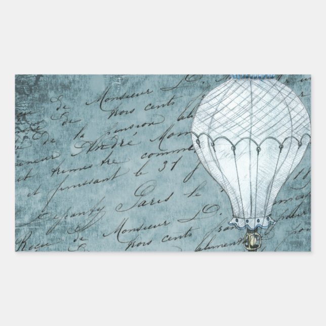 Dusk Blue Hot Air Balloon Steampunk Handwriting Rectangular Sticker (Front)