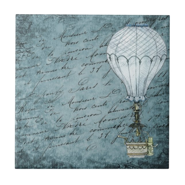 Dusk Blue Hot Air Balloon Steampunk Handwriting Tile (Front)