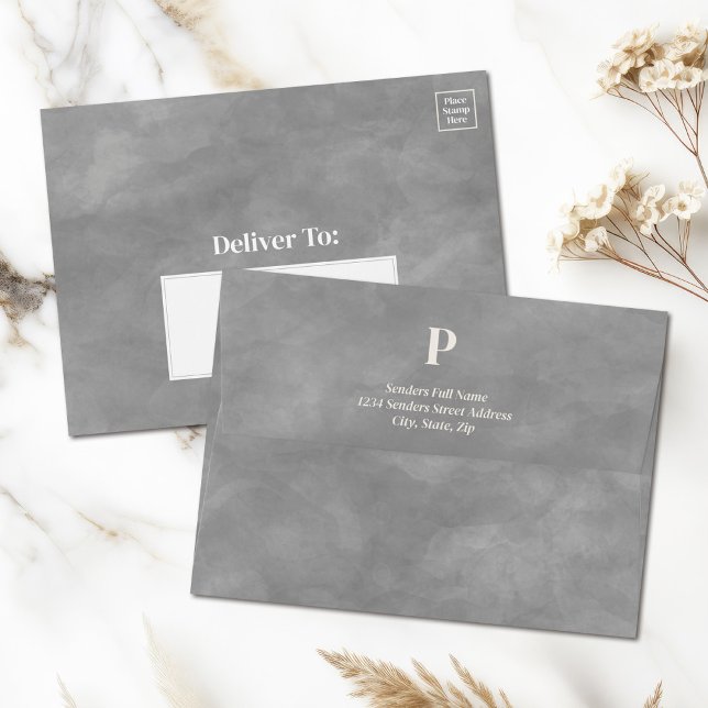 Dusk Grey Gemini Zodiac Matching Watercolor 5x7 Envelope (Watercolor Texture Monogrammed Envelopes Shown Here - Available in Multiple Colorways.)
