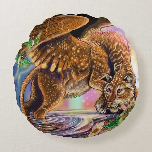 Dusk Hunter Flying Cat Round Cushion (Front)