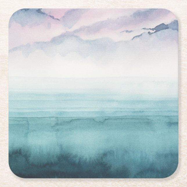 Dusk on the Bay - Watercolor Square Paper Coaster (Front)
