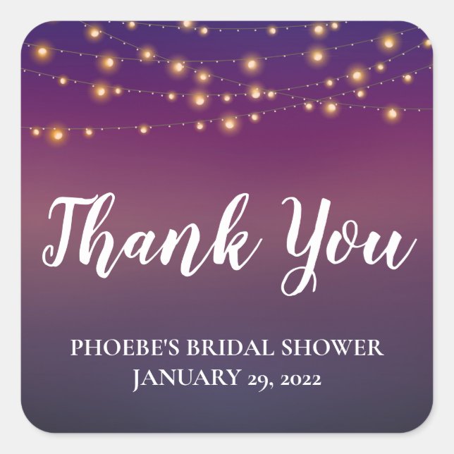 Dusk Sky With String Lights Bridal Shower Square Sticker (Front)