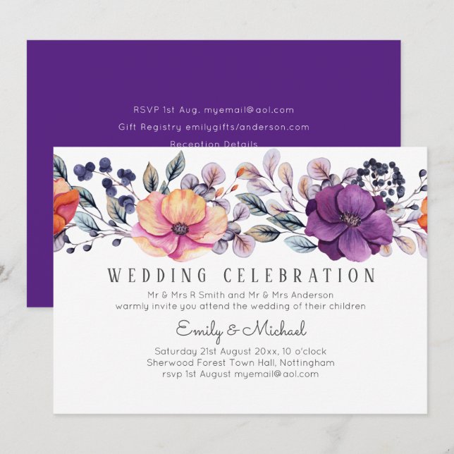 Dusk Till Dawn Purple Orange Floral Wedding Invitation (Front/Back)