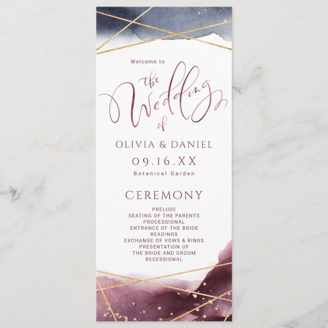 Dusk Watercolor Geometric Modern Wedding Program Menu (Front)