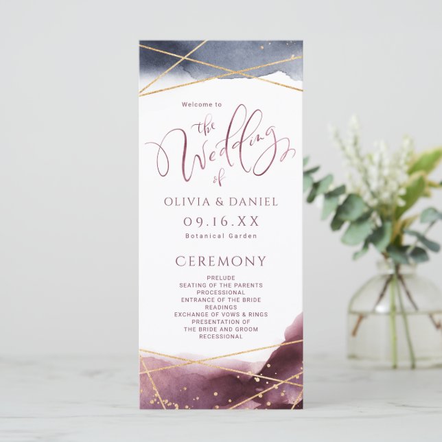 Dusk Watercolor Geometric Modern Wedding Program Menu (Standing Front)
