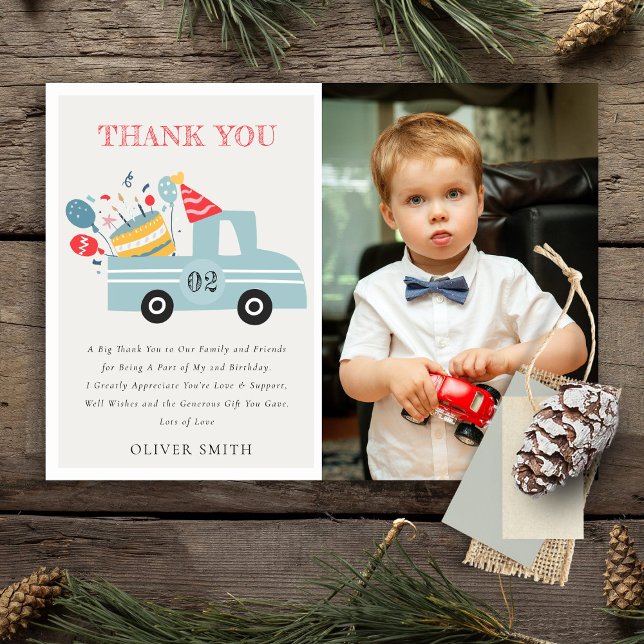 Dusky Blue Any Age Birthday Party Cake Truck Photo Thank You Card (Creator Uploaded)