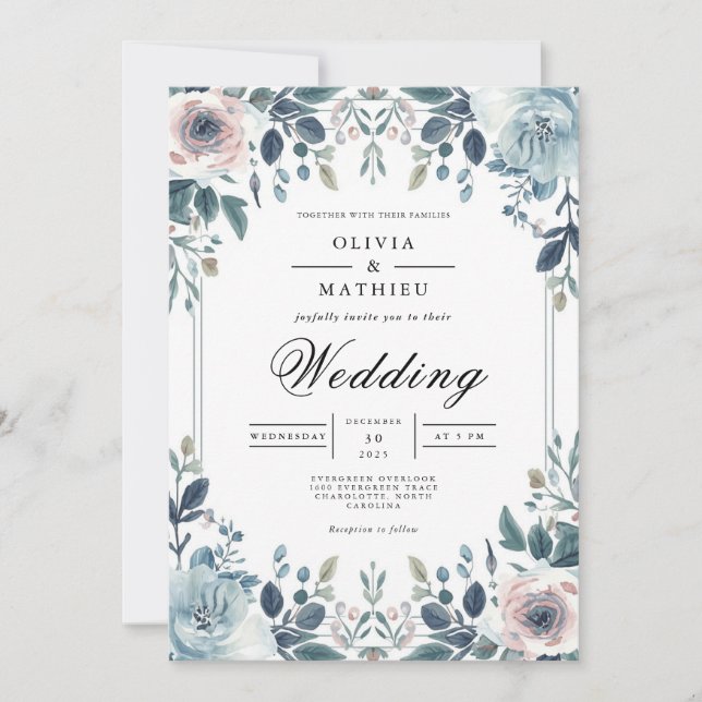Dusky Blue Botanical Floral Wedding Invitation (Front)