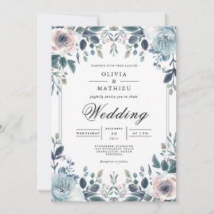 Dusky Blue Botanical Floral Wedding Invitation