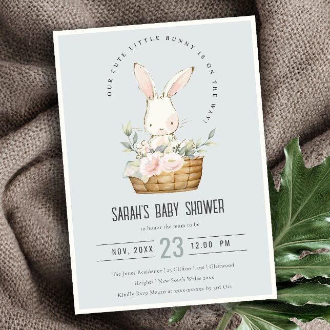 Dusky Blue Bunny In Floral Basket Baby Shower Invitation (Creator Uploaded)