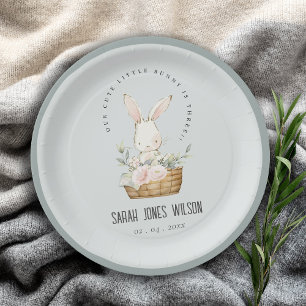 Dusky Blue Bunny In Floral Basket Kids Birthday Paper Plate
