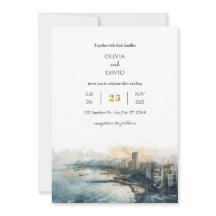 Dusky Blue Coastal Skyline City View Beach Wedding