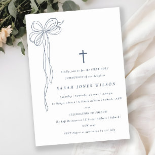 Dusky Blue Coquette Bow First Holy Communion Invitation