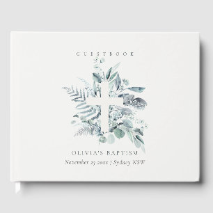 Dusky Blue Eucalyptus Fern Foliage Cross Baptism Guest Book