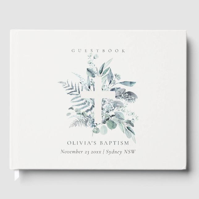 Dusky Blue Eucalyptus Fern Foliage Cross Baptism Guest Book (Front)