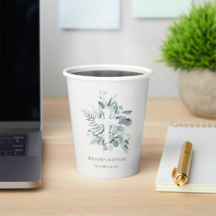 Dusky Blue Eucalyptus Fern Foliage Cross Baptism Paper Cups
