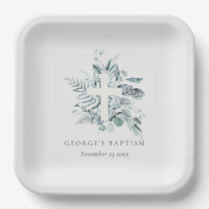 Dusky Blue Eucalyptus Fern Foliage Cross Baptism Paper Plate