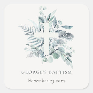 Dusky Blue Eucalyptus Fern Foliage Cross Baptism Square Sticker