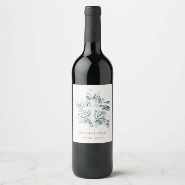 Dusky Blue Eucalyptus Fern Foliage Cross Baptism Wine Label (Front)