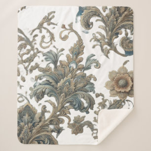 Dusky Blue Floral Brocade Pattern Sherpa Blanket