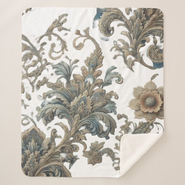 Dusky Blue Floral Brocade Pattern Sherpa Blanket (Front)