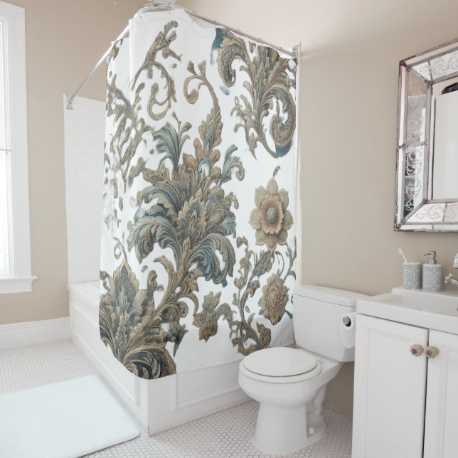 Dusky Blue Floral Brocade Pattern Shower Curtain (In Situ)
