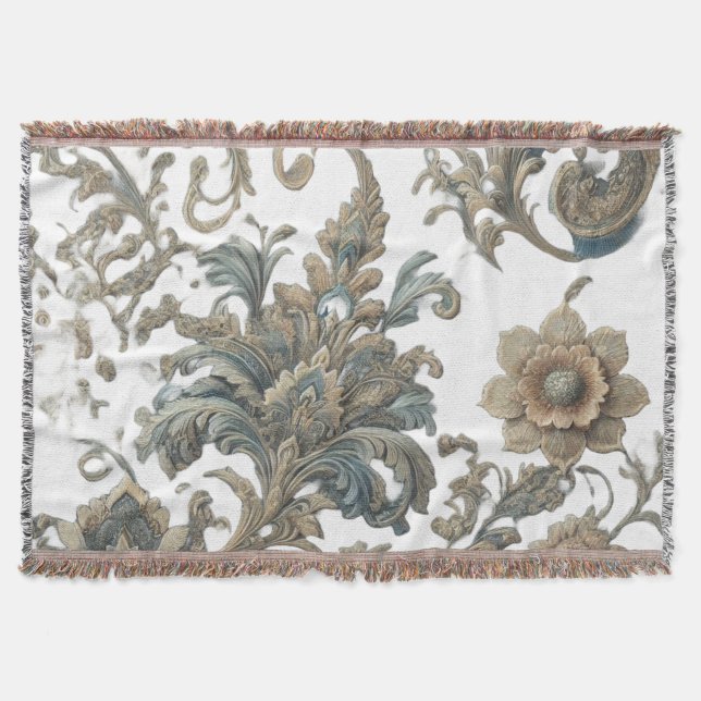 Dusky Blue Floral Brocade Pattern Throw Blanket (Front)