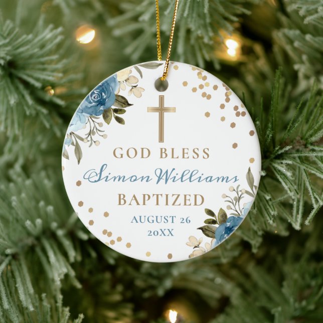Dusky Blue Floral Gold Glitter Baptism Photo Ceramic Tree Decoration (Tree)