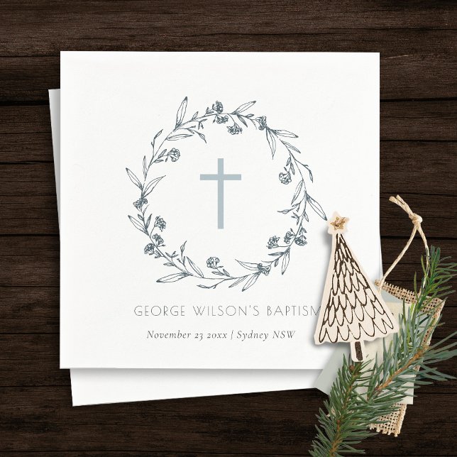 Dusky Blue Floral Laurel Wreath Monogram Baptism Napkin (Creator Uploaded)