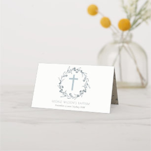Dusky Blue Floral Laurel Wreath Monogram Baptism Place Card