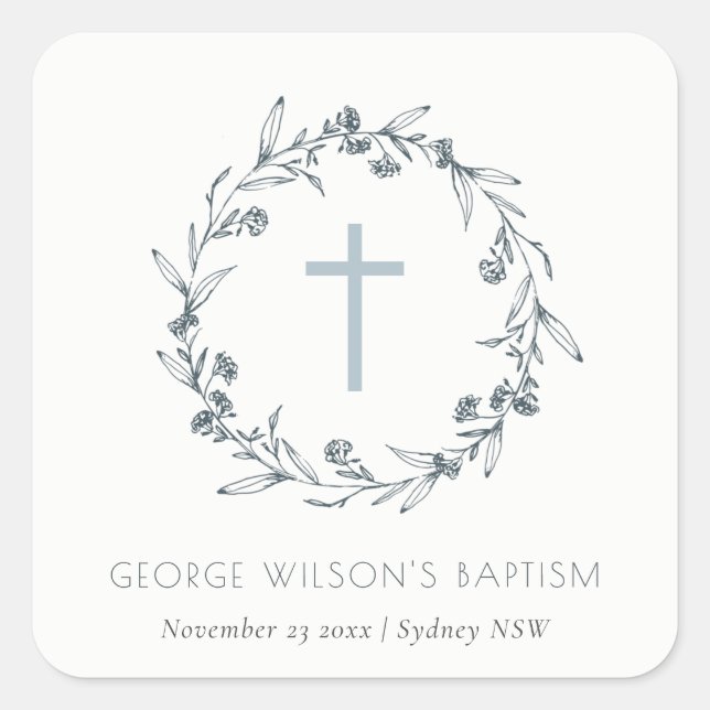 Dusky Blue Floral Laurel Wreath Monogram Baptism Square Sticker (Front)