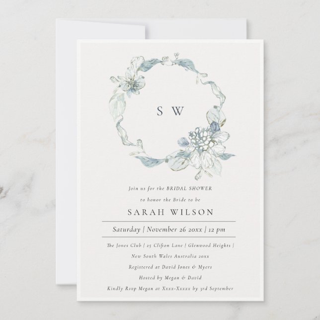 Dusky Blue Floral Wreath Bridal Shower Invite  (Front)