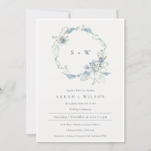 Dusky Blue Floral Wreath Monogram Wedding Invite