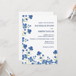 Dusky Blue Flower Wedding Invite